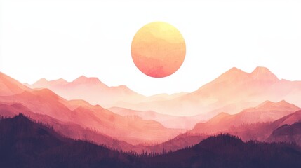 Fototapeta premium Serene Sunset Over Misty Mountains with Warm Hues and Soft Gradients in a Tranquil Landscape Scene