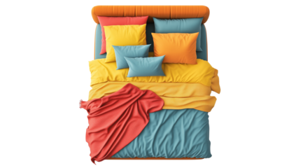 PNG, Bed. Colorful bed with pillows, sheet, blanket, isolated on white background, created using Generative AI technology.