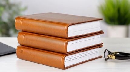 Stacked Leather Bound Books on a White Table