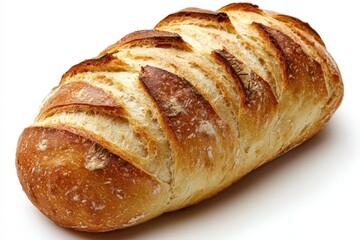 A classic artisan-style loaf of crusty bread, isolated on a white background, showcasing its golden-brown crust, rustic texture, and soft interior.  
