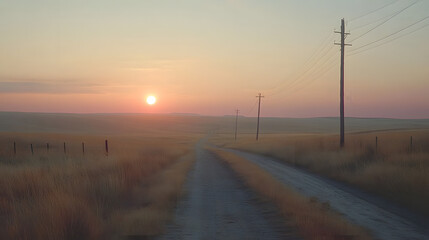 Rural electrification power lines stretching across a sunset landscape view