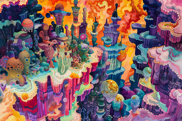 Fototapeta premium Capture the intricate details of a utopian dreamscape from a birds-eye view in vibrant, dreamy watercolor medium