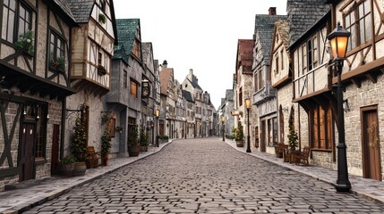 Obraz premium Charming Cobblestone Street in a Quaint Village with Historic Architecture and Festive Decorations