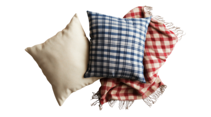 PNG, Bed. Set of decorative pillows in a checkered pattern, isolated on a white background, created using Generative AI technology.