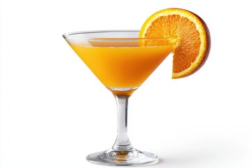 Fototapeta premium A clear glass filled with freshly squeezed orange juice, isolated on a white background, showcasing its vibrant color, smooth texture, and refreshing appeal. 