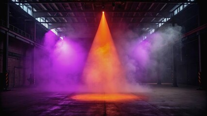 Naklejka premium Dramatic Stage Lighting with Colorful Smoke in an Industrial Space at Night