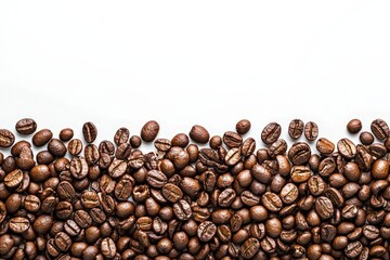 A pile of golden brown roasted coffee beans, isolated on a white background, showcasing their rich texture, glossy surface, and aromatic appeal.  
