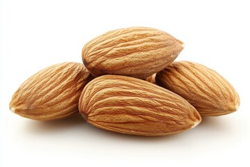 A small pile of raw almonds, isolated on a white background, showcasing their natural brown color, smooth texture, and nutrient-rich appeal.  
