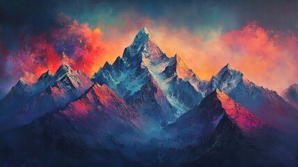 A surreal mountain range painted in vibrant oil textures and glowing accents
