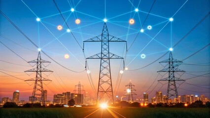 Modern Power Lines with City Skyline and Digital Network Connection at Sunset