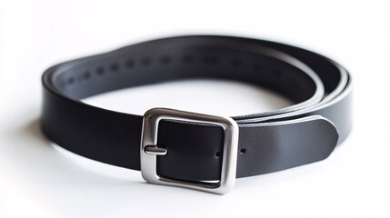 Black leather belt with metal buckle on white background