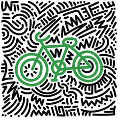 Green bicycle with doodle around. Hand drawn illustration for sticker, postcard, wallpaper, mural, fabric, prints, etc