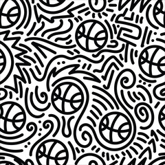 Black and white basketball doodle. Hand drawn illustration for sticker, postcard, wallpaper, mural, fabric, prints, etc © Doodlerz