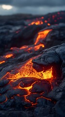 Intense Volcanic Eruption with Glowing Molten Lava Flows Down Rugged Mountainous Terrain