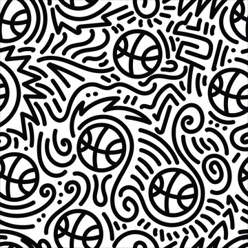 Black and white basketball doodle. Hand drawn illustration for sticker, postcard, wallpaper, mural, fabric, prints, etc