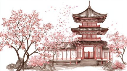 Obraz premium Traditional Asian Architecture with Cherry Blossoms and Serene Landscape in Soft Pastel Colors