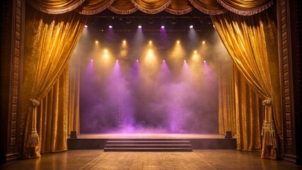 Elegant Theater Stage with Golden Drapes and Colorful Stage Lights