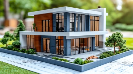 Modern house model sits on plans; greenery blurs in the background. Use real estate