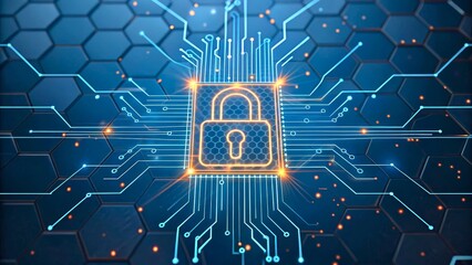 Digital Lock Icon with Circuit Board Background for Cybersecurity Concept