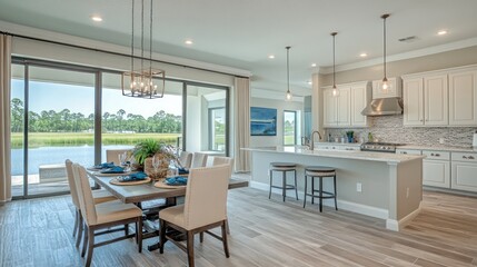Fototapeta premium Modern dining area with kitchen island, large windows overlooking waterfront.