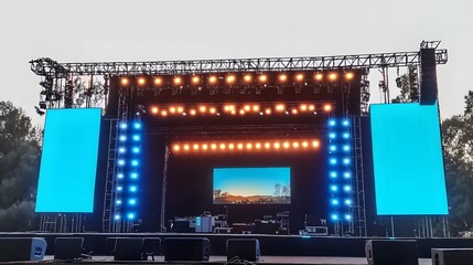 Large outdoor stage with LED screens and bright blue lighting set up for an open-air concert event during the daytime. Enhancing the vibrant festival atmosphere with an energetic and celebratory mood