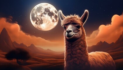 Fototapeta premium Llama in a brown dreamy mood with the big full moon 78629.jpg
