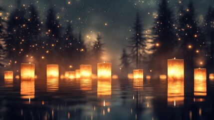 Tranquil River Lanterns Under a Starry Sky