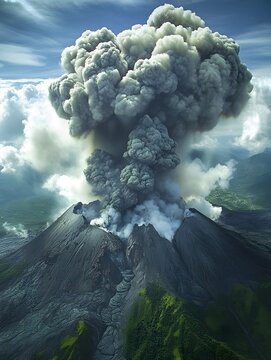 Powerful Volcanic Eruption Spewing Towering Smoke Plume in Dramatic Landscape