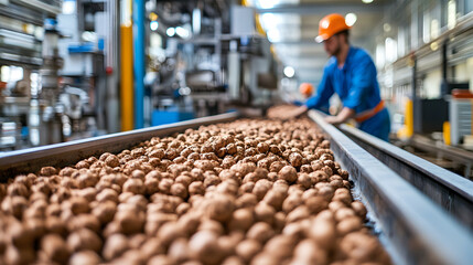 Recycling energy workers sorting materials in a bright factory scene