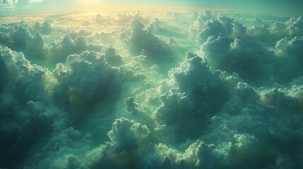 Fototapeta premium Aerial sunset over vast clouds, sunbeams, atmospheric background, for wallpaper