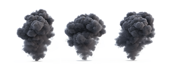 three black smoke clounds on transparent background