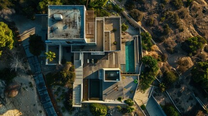 aerial corner view of a mansion located in malibu. Thick concrete elements