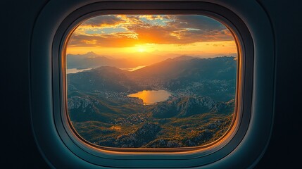 Naklejka premium Aerial sunset view of mountains and lake from airplane window
