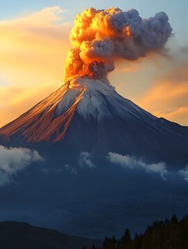 Volcanic Eruption Filling Sky with Fiery Plumes and Dramatic Clouds