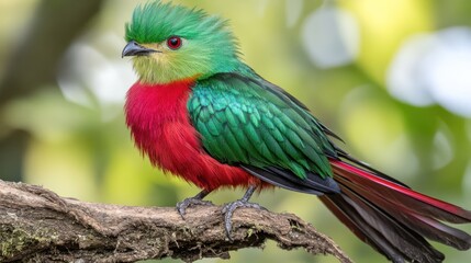 Fototapeta premium Vibrant green and red bird perched on branch.