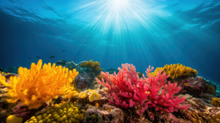 Naklejka premium Vibrant coral reef underwater scene with colorful corals and sunlight filtering through water, creating serene and beautiful marine environment