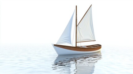 Fototapeta premium Elegant Wooden Sailboat Gliding on Calm Waters with Soft Reflections Against a Minimalist Bright Background