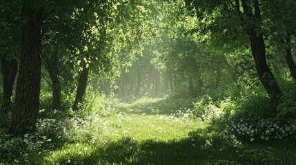 Obraz premium Lush Green Forest Pathway with Sunlight Filtering Through Trees and Vibrant Floral Undergrowth