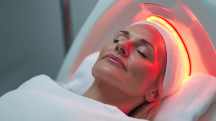 Relaxing spa treatment with woman enjoying facial procedure under red light therapy, promoting skin rejuvenation and wellness