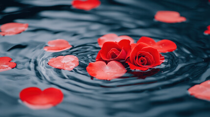 Roses float gracefully on dark water, surrounded by heart shaped petals, creating romantic and serene atmosphere