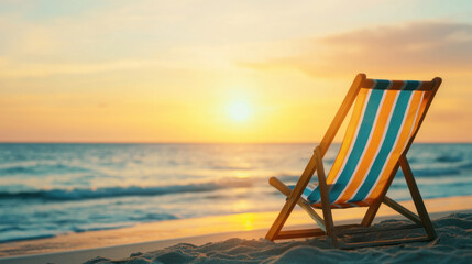 Relaxing beach chair at sunset, with vibrant colors reflecting on water. perfect scene for vacation and tranquility by ocean