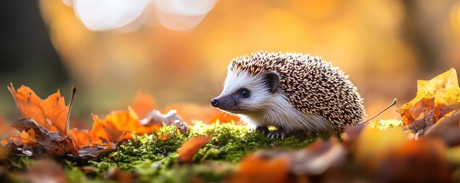 Hedgehog exploring autumn leaves in enchanted forest
