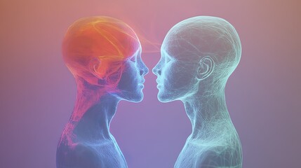 Two abstract human figures connected by a glowing bond, symbolizing unity and connection in a minimalist design.