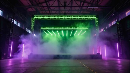 Fototapeta premium Vibrant Stage Setup with Neon Lights and Smoke in Industrial Warehouse Space