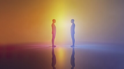 Fototapeta premium Two abstract human figures connected by a glowing bond, symbolizing unity and connection in a minimalist design.
