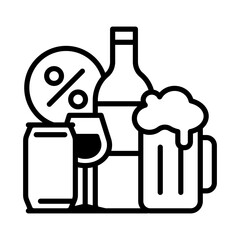 Liquor tax image icon. Includes beer, wine, canned alcohol and percentage.