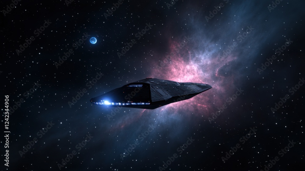 Wall mural futuristic spaceship gliding through colorful nebula in space