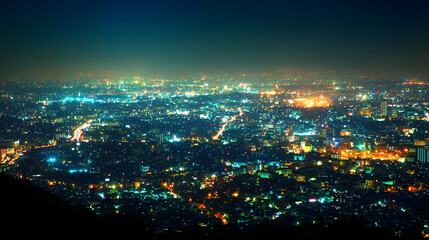Microgrids in an urban area at night illuminated by city lights view