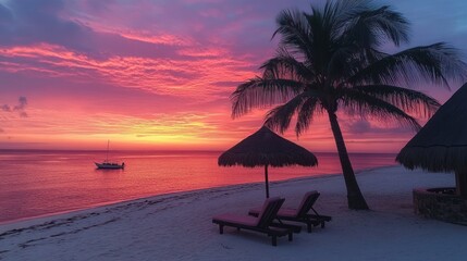 Vibrant sunset over tranquil beach with palm trees and lounge chairs.