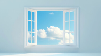 bright open window reveals clear blue sky with fluffy clouds, creating serene and inviting atmosphere. light filled space enhances feeling of openness and tranquility